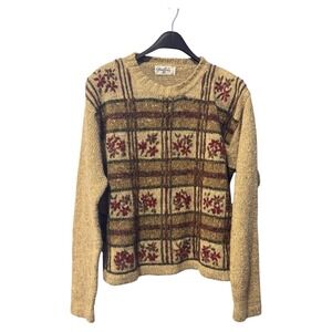 Graffiti Sweater Beige Brown Floral Plaid Knit Acrylic Wool‎ Blend Vintage